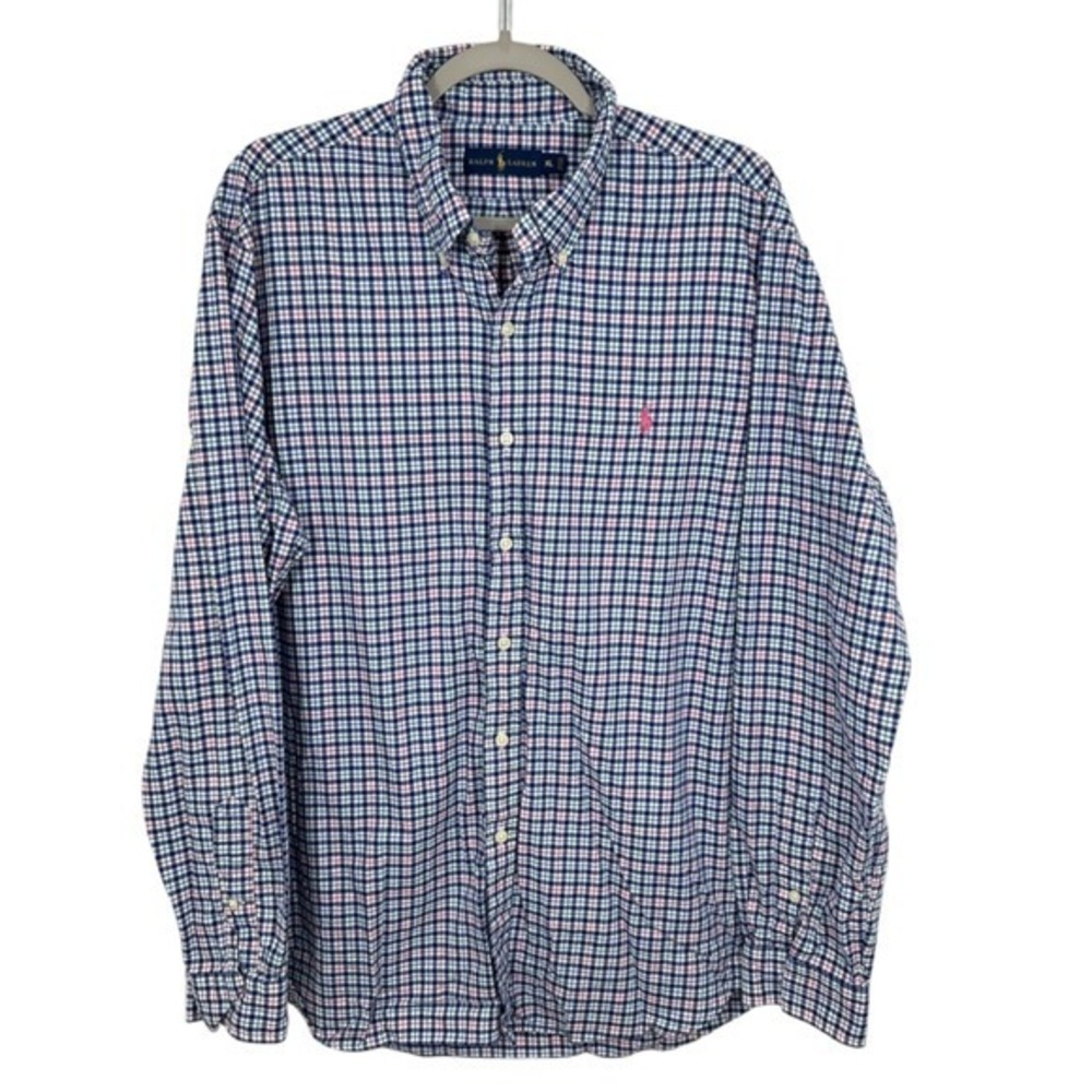 Polo Ralph Lauren Men's XL Blue Pink Gingham Button Down Shirt Preppy Career